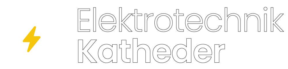 Logo: Weißer Hausumriss mit gelbem Blitz, daneben "Elektrotechnik Katheder" auf grünem Hintergrund.