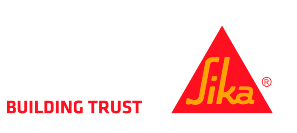 Roter Text „BUILDING TRUST“ und Sika-Logo mit gelbem Schriftzug auf rotem Dreieck.