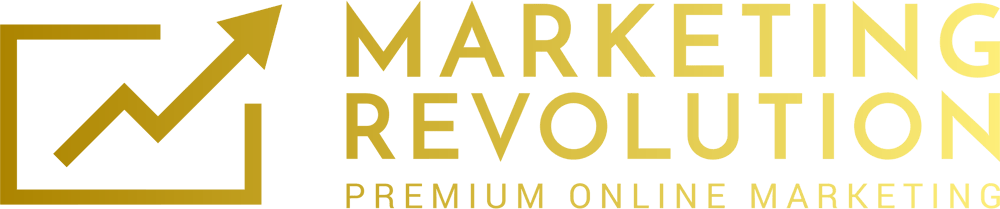 Grünes Logo mit gelber Grafik, die einen steigenden Liniendiagramm und den Text "Marketing Revolution Premium Online Marketing" zeigt.