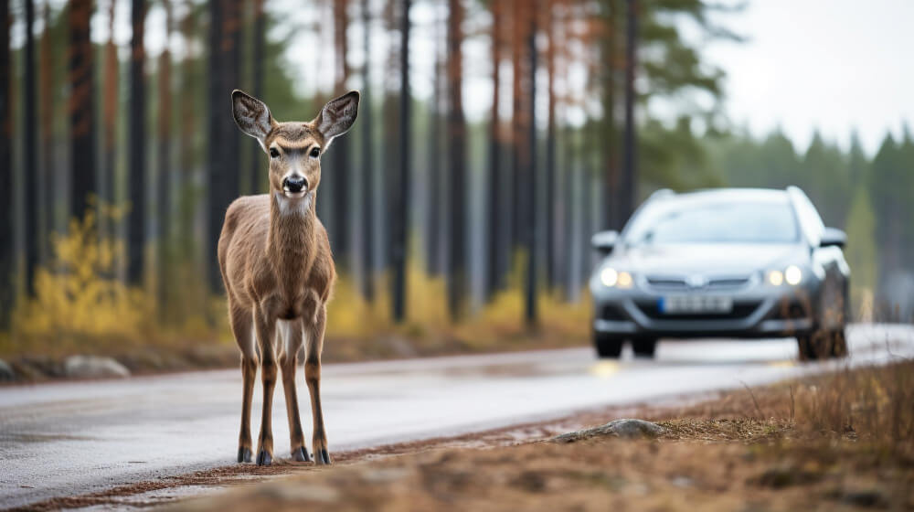 Fahrzeug mit Frontschaden nach einem Wildunfall an einer Landstraße bei Germering