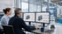 Zwei Ingenieure betrachten technische 3D-Modelle einer Pumpe auf zwei Computerbildschirmen in einer modernen Industriehalle.