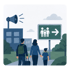 Familie geht auf ein Schild mit Piktogrammen und Pfeil nach rechts zu, Gebäude mit Megafon im Hintergrund - Krisenstab-Software Notfall- und Krisenmanager (NKM®).