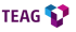 Dunkelgrüner Hintergrund mit weißen Punkten, lila Schriftzug TEAG und ein dreidimensionales Logo aus blauen, pinken und lila Würfeln.