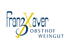 Logo von Franz Xaver Obsthof Weingut mit blauem Schriftzug und einem großen gelben X auf schwarzem Hintergrund.