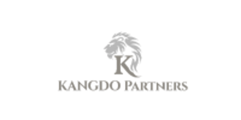 Graues Logo mit stilisiertem Baum und großem "K", darunter "KANGDO PARTNERS" auf dunklem Hintergrund.
