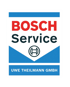 Blau-weißes Bosch Service Logo mit rotem "BOSCH", schwarzem "Service" und "UWE THEILMANN GMBH" Schriftzug.