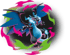 Schwarzer Charizard mit blauen Flügeln und blauem Feuer, umgeben von grünem und pinkfarbenem Flammenmuster.