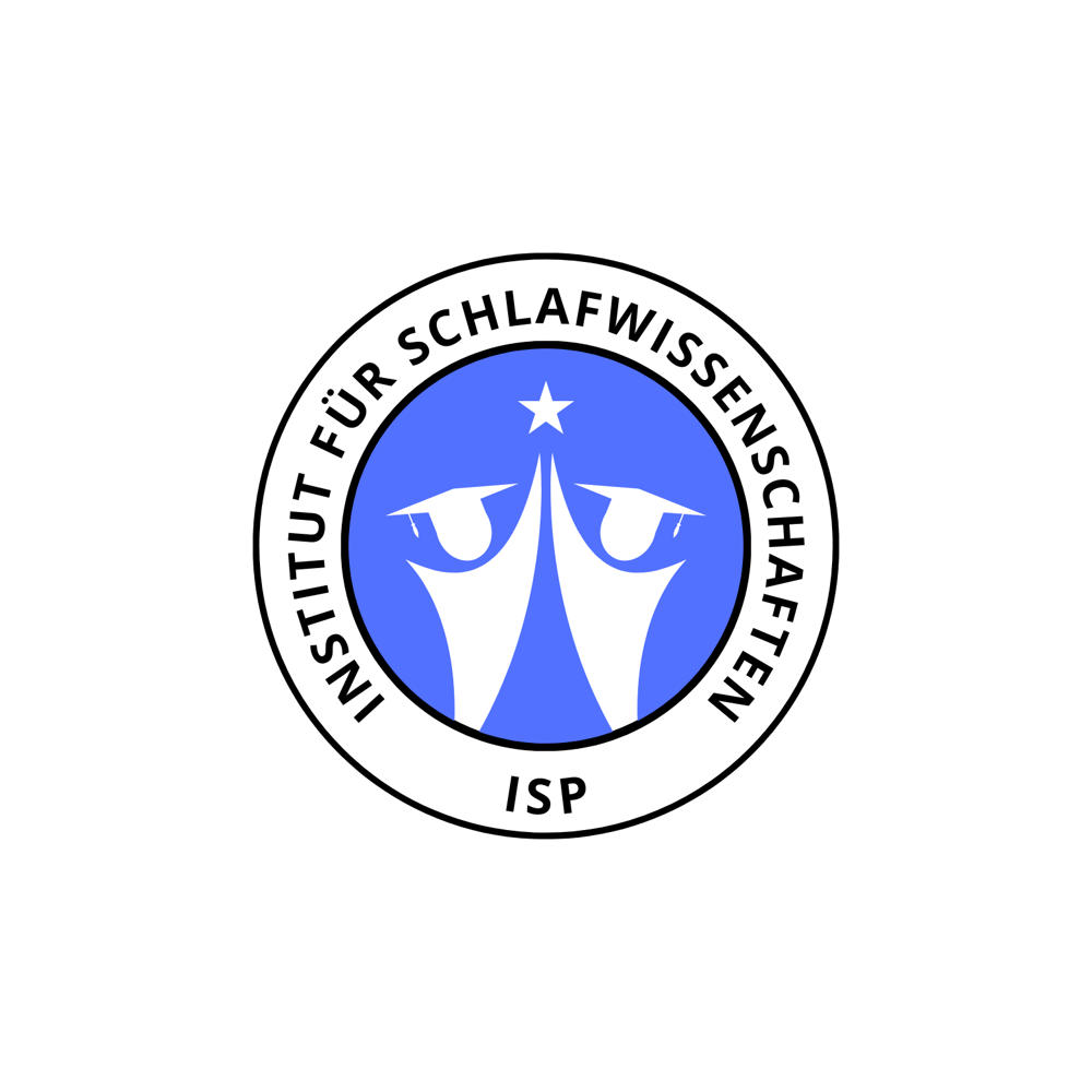 Blaues Logo mit zwei stilisierten, weißen Personen in Doktorhüten, die auf einen Stern zulaufen. Umrandet von Text: "INSTITUT FÜR SCHLAFWISSENSCHAFTEN", darunter "ISP".
