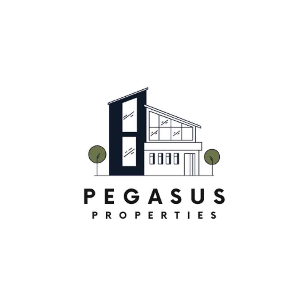 Line drawing of a modern house with two trees, above "PEGASUS PROPERTIES" text.