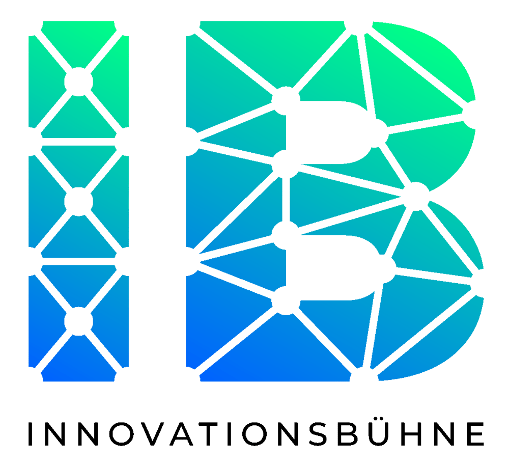 Grüne und blaue Buchstaben "IB" mit Innovationsbühne in einem Netzwerkdesign.