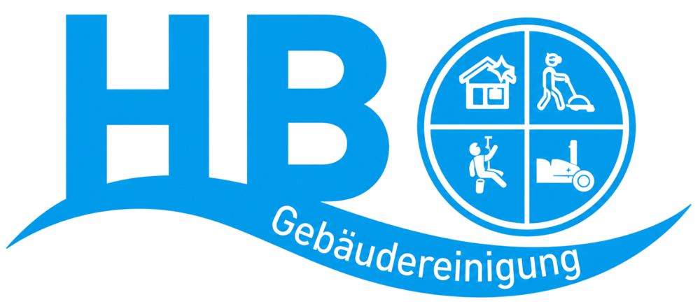HBO Gebäudereinigung Logo mit vier Icons: Hausreinigung, Rasenpflege, Fensterreinigung, Industriemaschine.