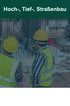 Zwei Bauarbeiter in Warnwesten und Schutzhelmen auf einer Baustelle mit dem Text "Hoch-, Tief-, Straßenbau".