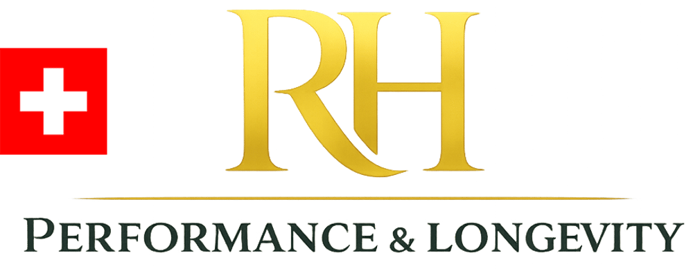 Logo mit Schweizer Flagge, goldenen Initialen RH und dem Text "PERFORMANCE & LONGEVITY".