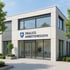 Modernes, helles Praxisgebäude mit dem Logo und Schriftzug "Praxis Arbeitsmedizin" an der Fassade.