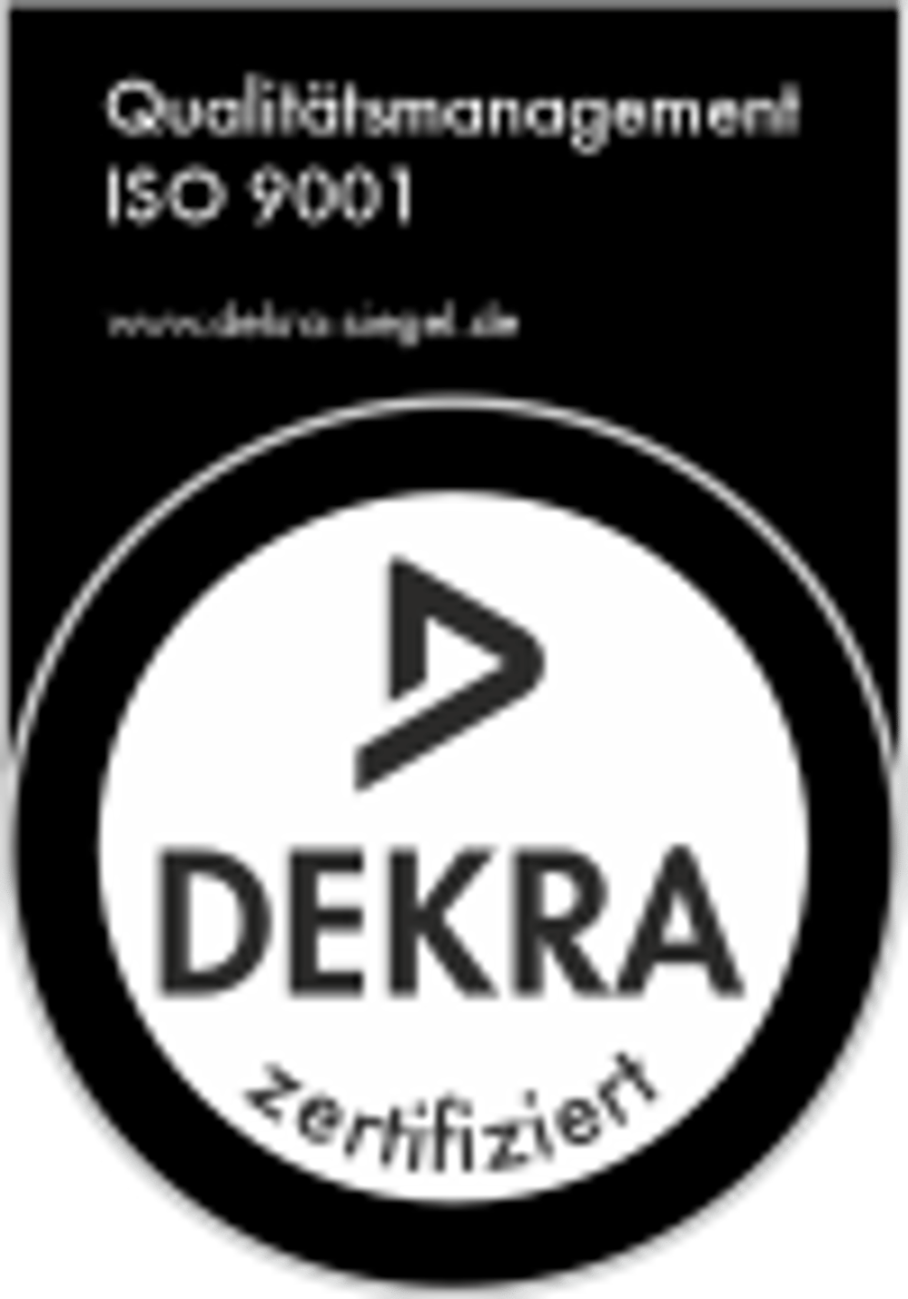 DEKRA-Zertifikat für Qualitätsmanagement ISO 9001, mit Website www.dekra-siegel.de und "zertifiziert".