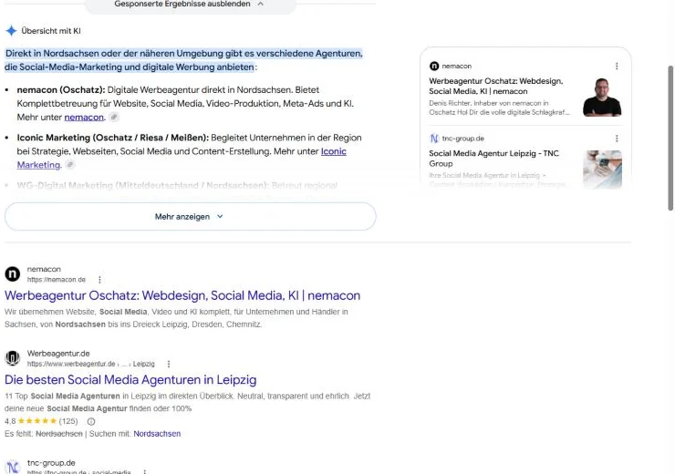 Google-Suche nach Social Media Agentur Nordsachsen: die Übersicht mit KI nennt nemacon zuerst