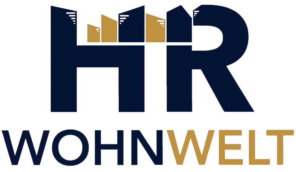 HR WOHNWELT Logo mit stilisierten Häusern als Teil der Buchstaben R und H.