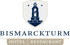 Bismarckturm Hotel Restaurant Logo: Wappen mit Turm und Krone, darunter Text "BISMARCKTURM HOTEL | RESTAURANT".