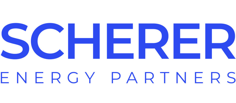 Weißer Text "SCHERER ENERGY PARTNERS" auf blauem Hintergrund.
