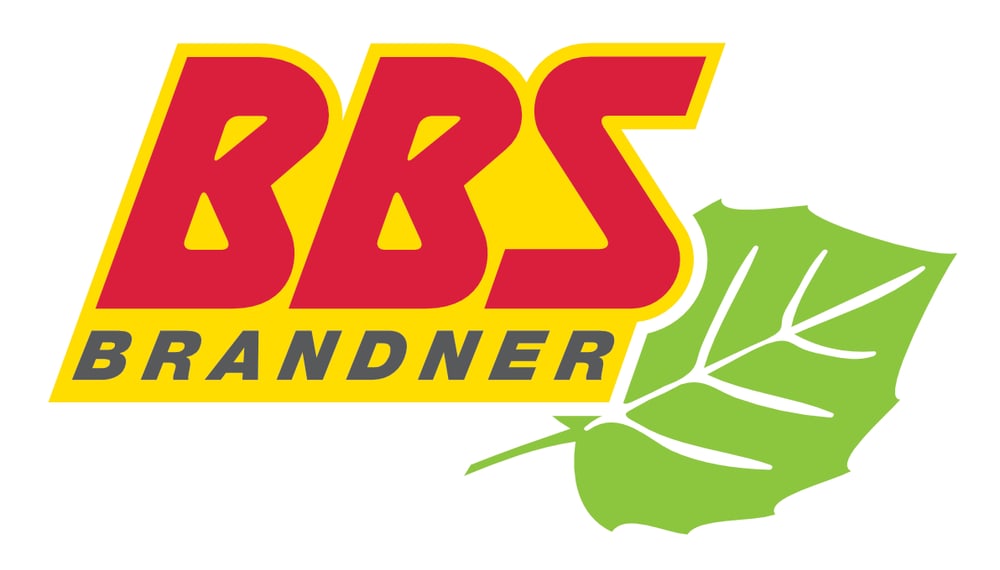 BBS Brandner Logo mit rotem "BBS", gelbem Hintergrund, grauem "BRANDNER" und grünem Blatt.