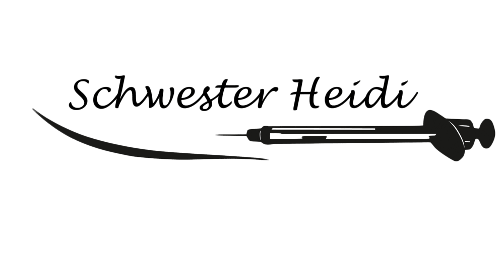 Schwarzer Text „Schwester Heidi“ mit einer gebogenen Spritze und einer Nadel darunter auf grünem Hintergrund.
