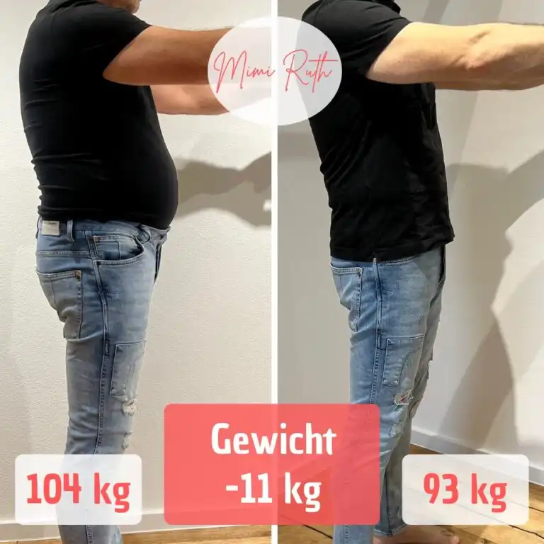Mann vor und nach Gewichtsverlust, 104 kg, 93 kg, Gewichtsverlust -11 kg, Mimi Ruth Logo.