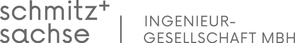 Logo von schmitz+sachse INGENIEUR-GESELLSCHAFT MBH in grauer Schrift auf schwarzem Hintergrund.