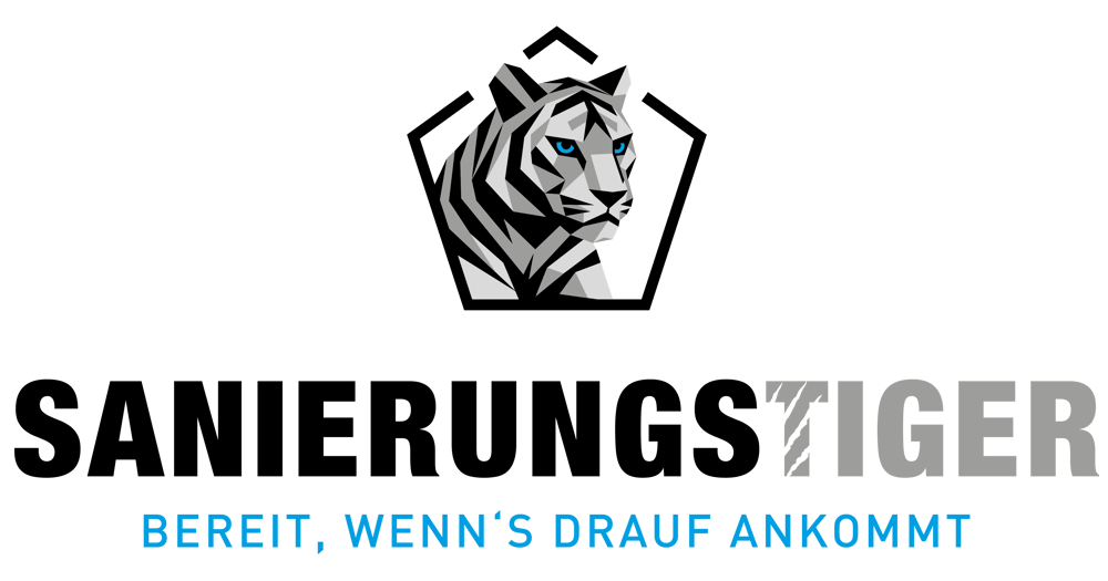 Logo: Sanierungstiger, ein weißer Tigerkopf mit blauen Augen in einem schwarzen Fünfeck, darunter der Text „BEREIT, WENN'S DRAUF ANKOMMT“.