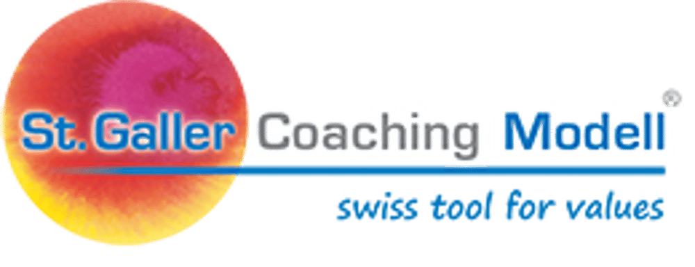 St. Galler Coaching Modell Logo mit Text "St. Galler Coaching Modell" und "swiss tool for values".