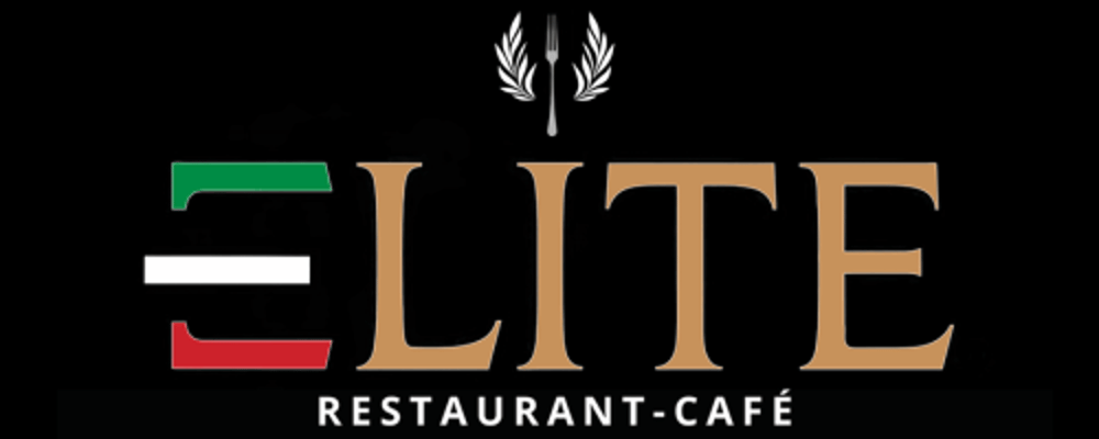 Elite Restaurant-Café Logo mit grüner, weißer, roter „E“-Flagge und Olivenzweig-Symbol.