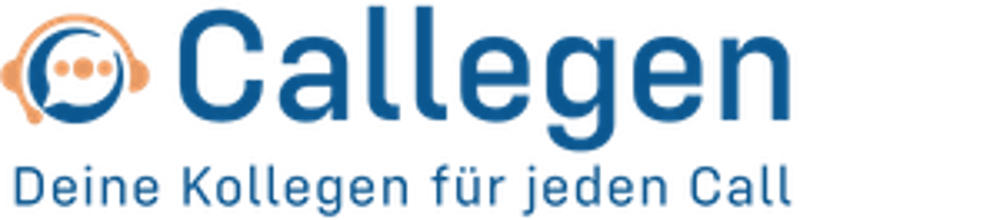 Logo von Callegen, mit einem orangefarbenen Kopfhörer-Symbol, das eine blaue Sprechblase umgibt.