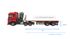 Roter LKW mit Kran und Anhänger, beschriftet mit "11 m", "1,63 m", "z.B. mit Sattel gelenkt abgesetzt".