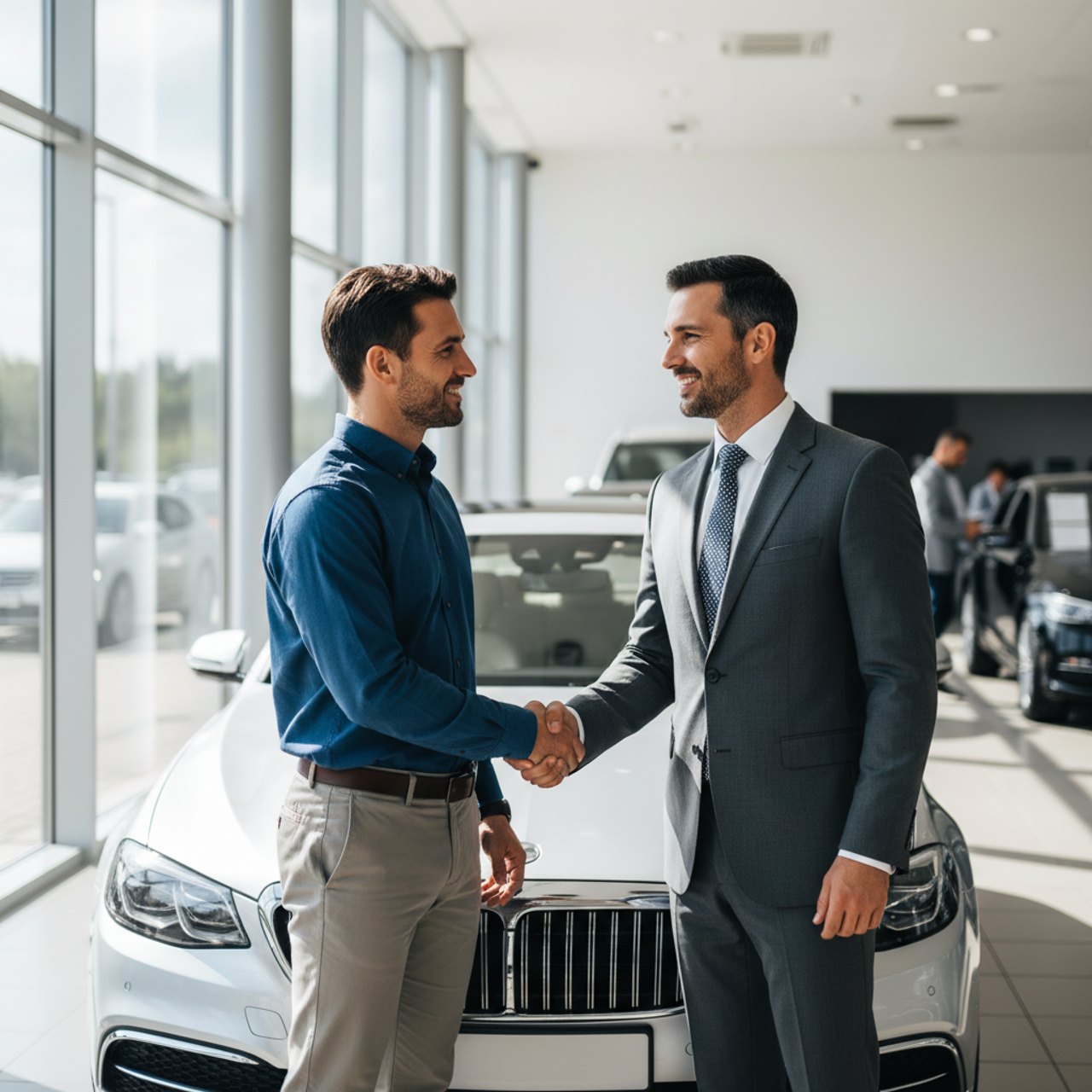 Handschlag beim Fahrzeugverkauf im Autohaus