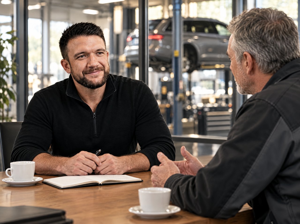 Benjamin Nogler im Gespräch mit einem Garageninhaber