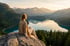 Frau sitzt auf einem Felsen und blickt über einen Bergsee auf schneebedeckte Gipfel während des Sonnenuntergangs.