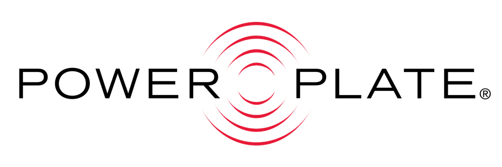 Schwarzes Power Plate-Logo mit roten, konzentrischen Kreisen zwischen "Power" und "Plate".
