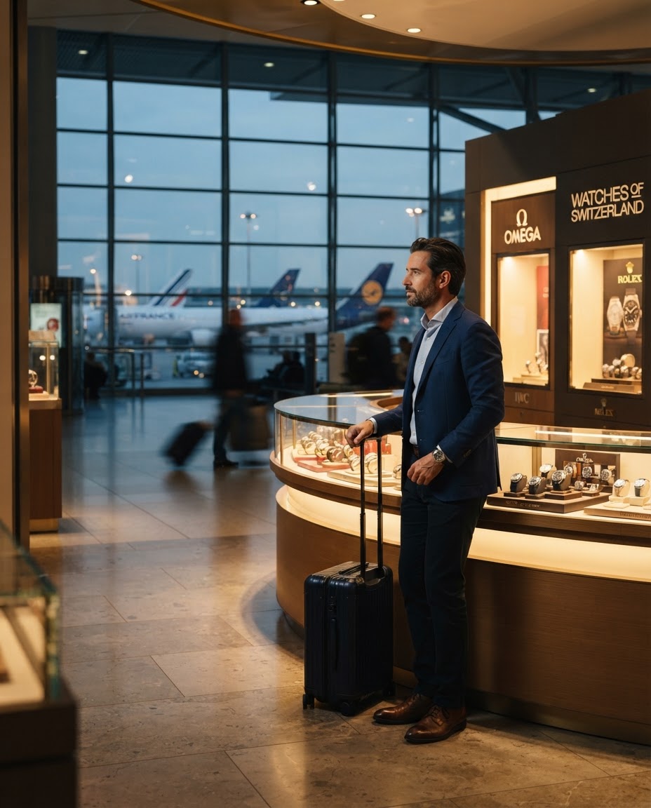 Reisender im Duty-free-Shop am Flughafen blickt zu den LED-Postern