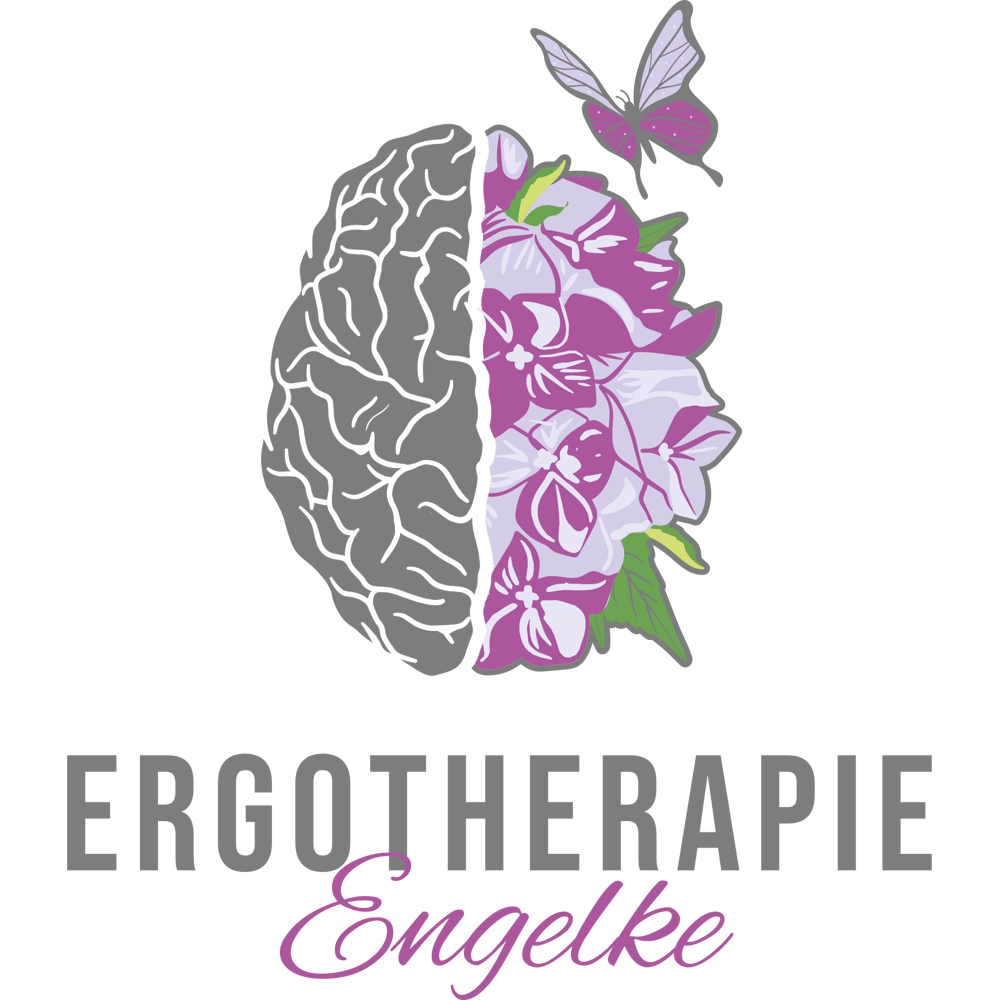 Gehirn, das zur Hälfte aus Blumen besteht, mit einem Schmetterling und "ERGOTHERAPIE Engelke".