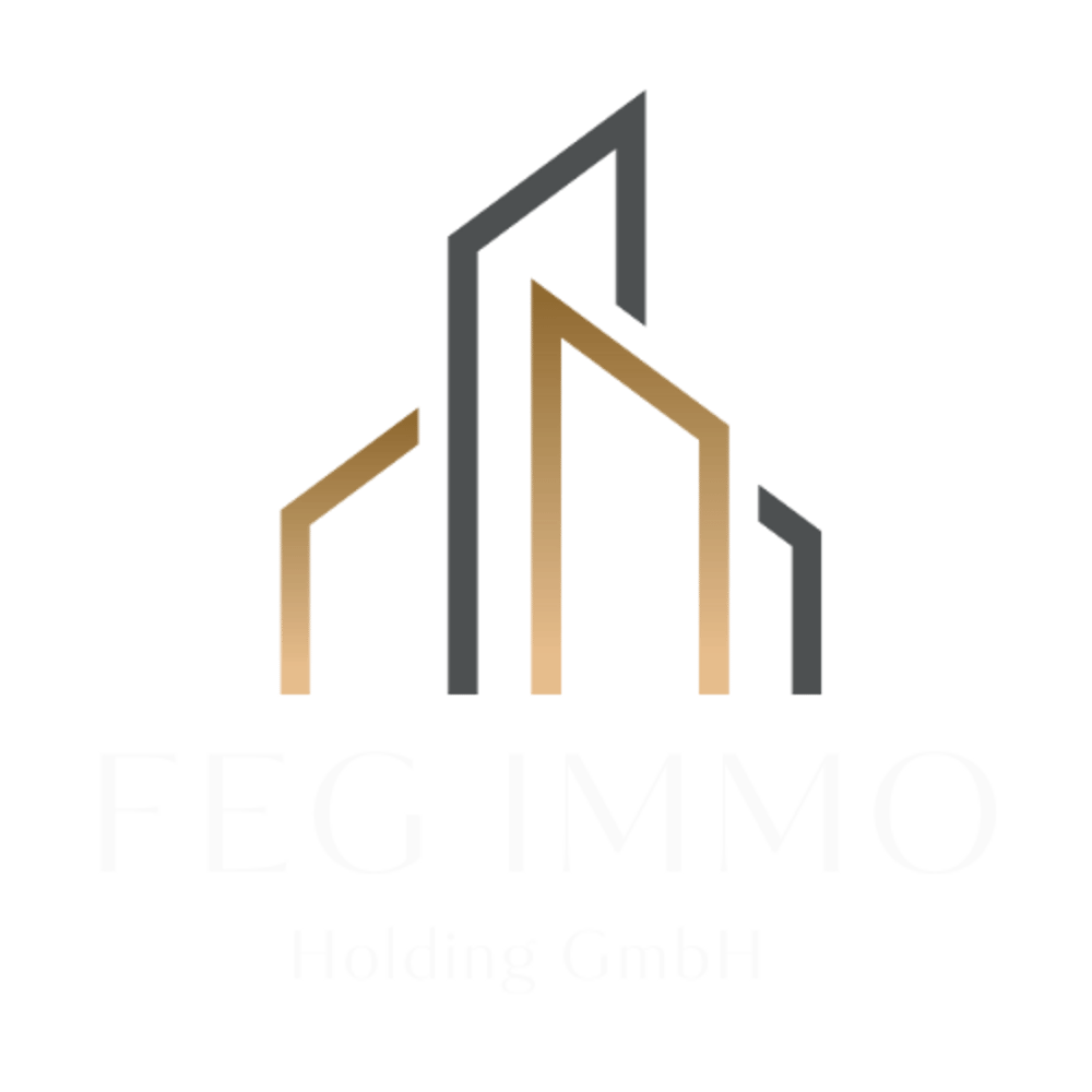 Logo: „FEG Immobilien“ in Weiß und Gold, mit stilisierten Gebäuden über „IMMOBILIEN“.