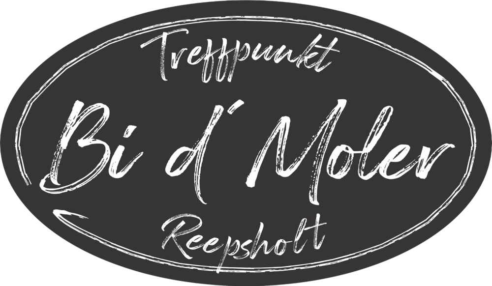 Schwarzes ovales Schild mit weißer Schrift: "Treffpunkt Bi d' Moler Reepsholt".