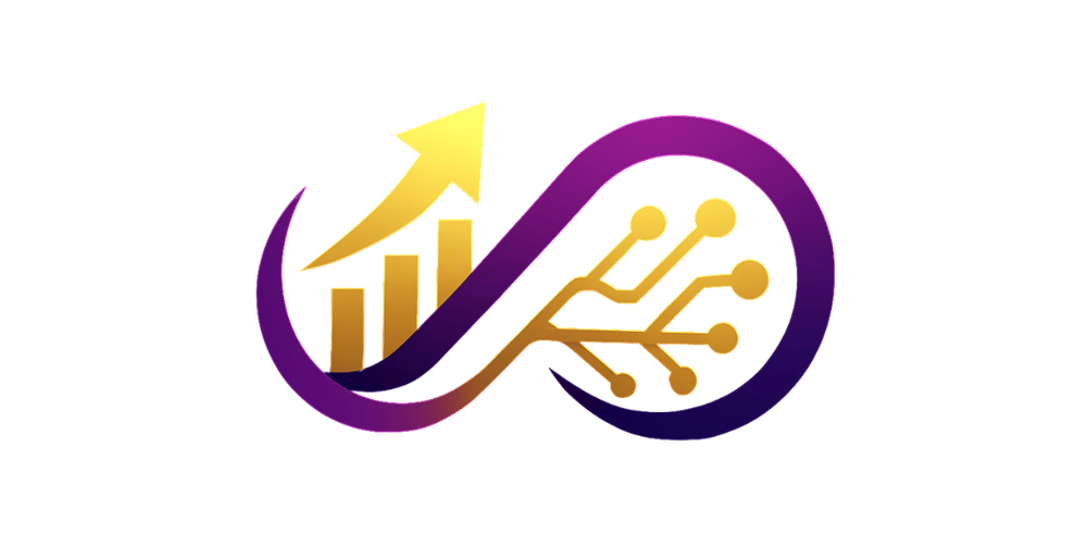 Goldener Aufwärtspfeil über Balkendiagramm, verbunden mit einer goldenen Leiterplatte, alles umrahmt von einer violetten Unendlichkeitsschleife.