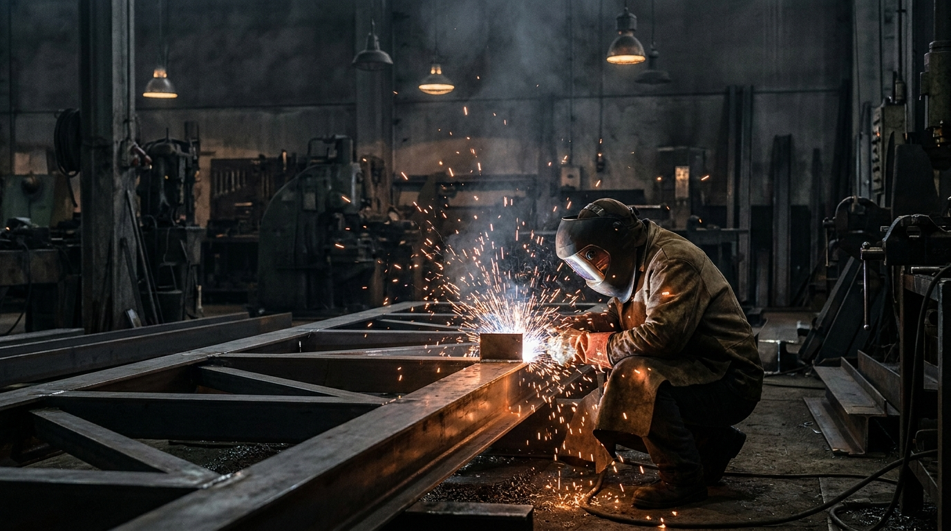 Metallbauer beim Schweißen einer Stahlkonstruktion
