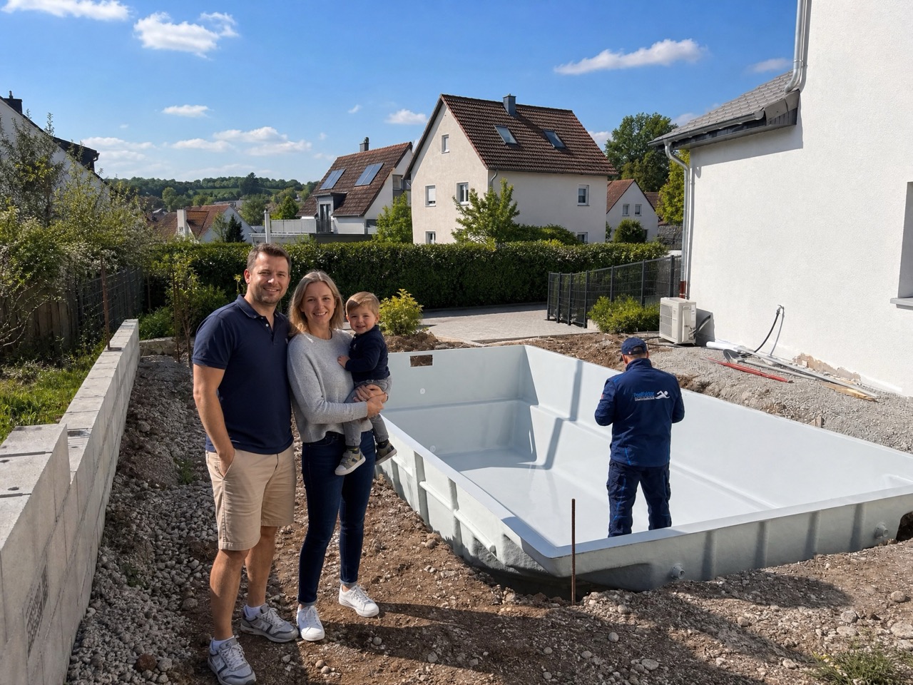 Anlieferung eines Piscines-Provence-Pools aus Frankreich auf einer Poolfaktor-Baustelle. Der Pool wird direkt auf das verdichtete Schotterbett gesetzt — ohne Bodenplatte.