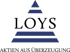 LOYS Logo mit dunkelblauen Pyramiden und schwarzer Schrift: LOYS AKTIEN AUS ÜBERZEUGUNG.