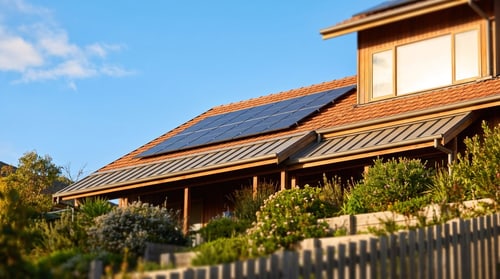 Hausdach mit Photovoltaikanlage im Sonnenlicht