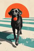 Schwarzer Labrador-Retriever mit orangefarbenem Ball im Maul, geht auf einem hellen Hintergrund mit orangefarbener Sonne und blauen Streifen.