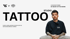 Junger Mann mit Tattoos auf den Armen sitzt vor weißem Hintergrund mit den Worten „TATTOO STUDIO“ und Logos.