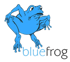 Ein blauer Frosch mit dem Text "bluefrog" auf grünem Hintergrund.
