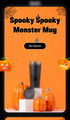 Schwarzbecher mit Strohhalm, umgeben von Kürbissen, auf orangefarbenem Hintergrund. Text: „Spooky Spooky Monster Mug“.