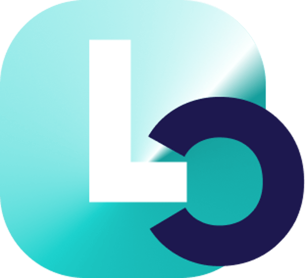 Blaues Quadrat mit weißem L und dunkelblauem O, das L überlappt.